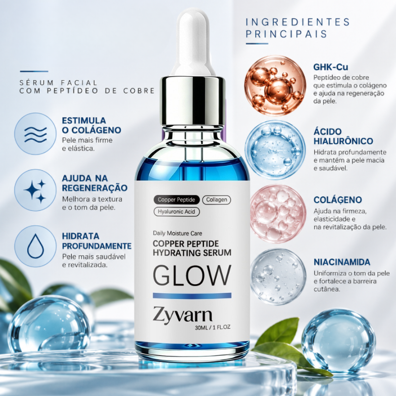 Sérum Facial com Peptídeos de Cobre e Ácido Hialurônico Zyvarn GHK-Cu 30ml